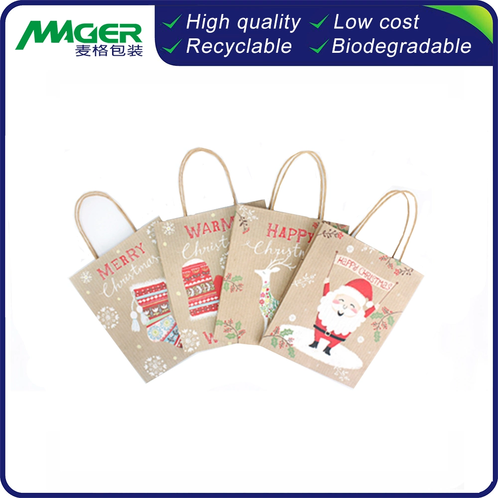 Custom Christmas Paper Bag FSC Certificate Brown Kraft Recycled Food Packaging Carry Bag Factory Price High quality/High cost performance 