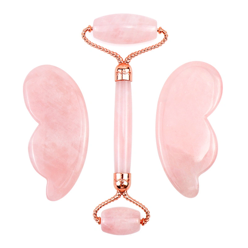 Custom Logo Natural Crystal Feather forma Rosa Cuarzo Jade Roller Y Gua Sha Set