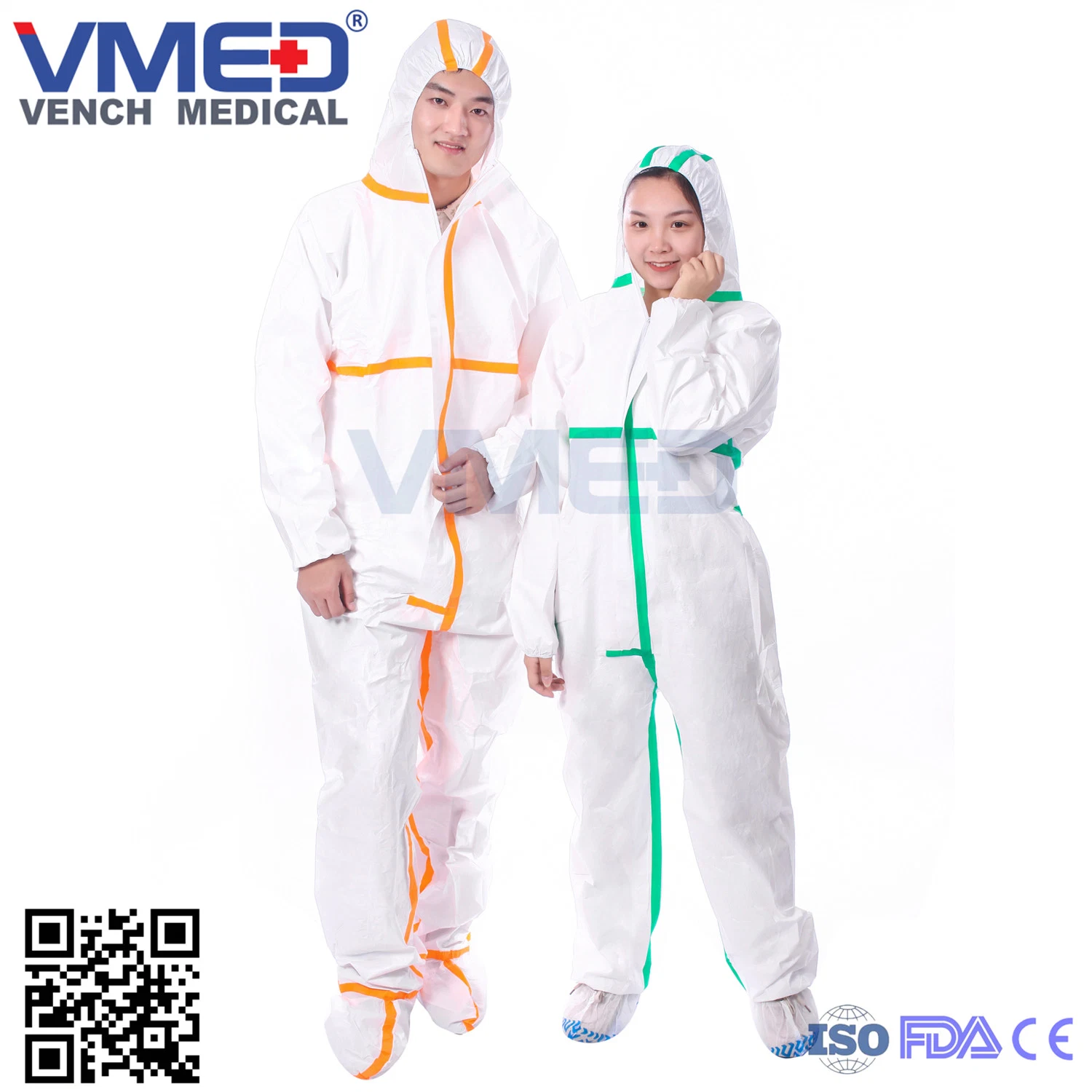 Disposable Type 4/5/6 Micro-Porous White Coverall with Green Adhesive Strip