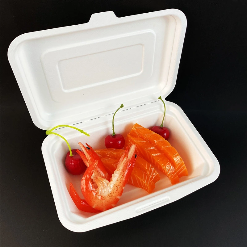 Bagasse Pulp Hinge Lunch Box -[9*6, Pfas Free]- Biodegradable Compostable Disposable Waterproof and Oil Proof, Heavy Duty