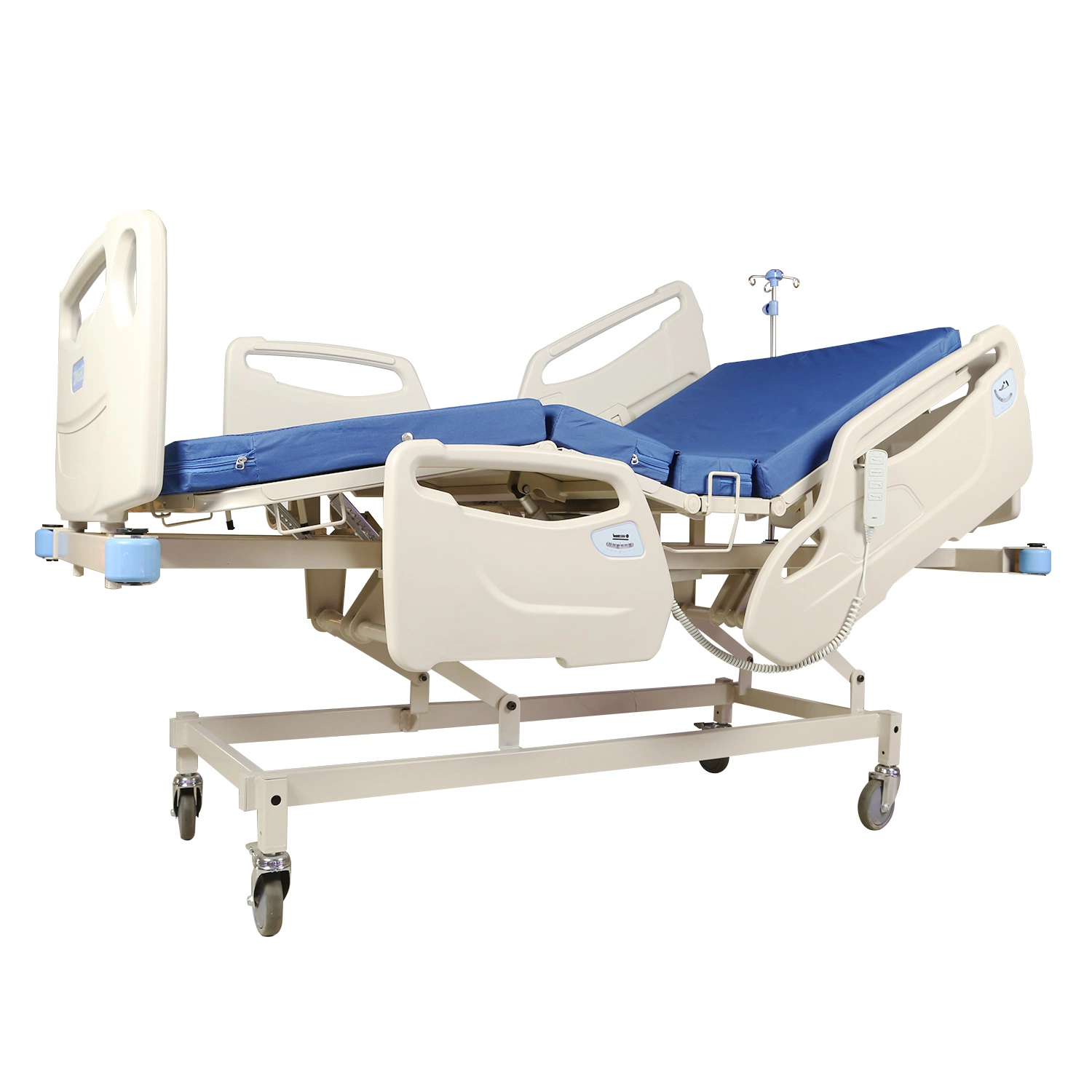 Four Wheels Electric Hospital Care Patient Bed with Guardrail Headboard