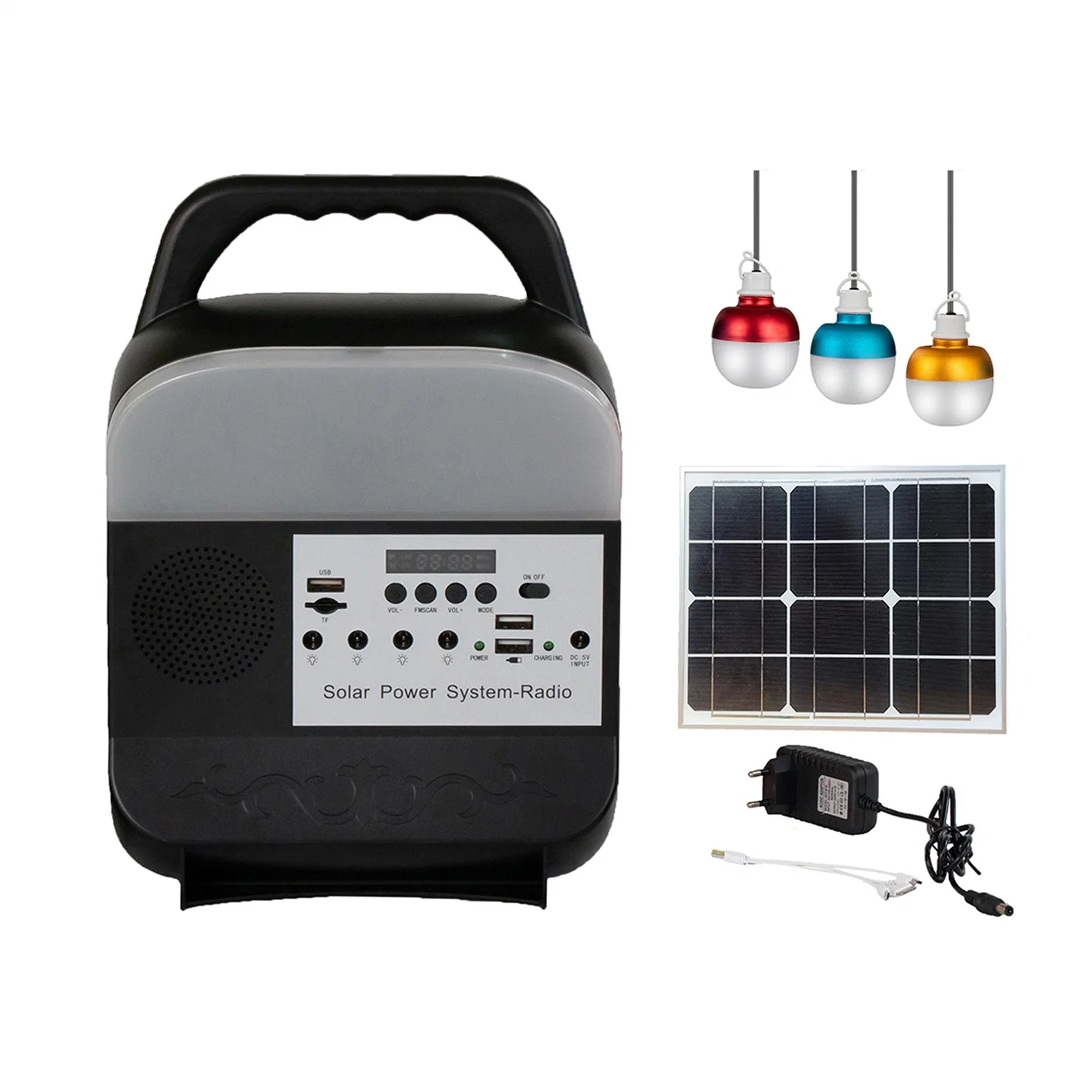 15W Solarmodul Solarset mit MP3 Spieler, FM, Radio, Bluetooth, Beleuchtung, USB-Kabel, Netzteil Muntifunction