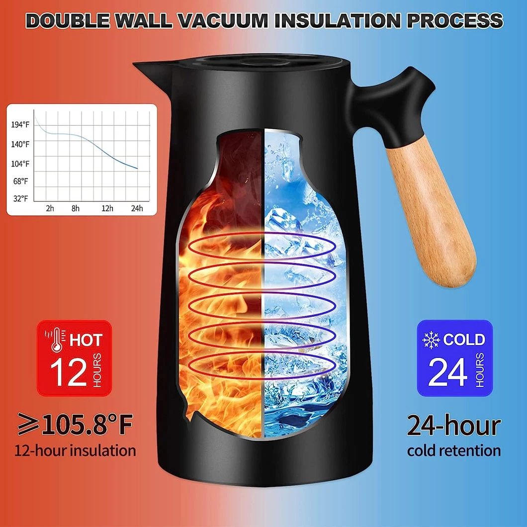 Bouilloire à eau, bouteille isotherme, carafe thermique d'une capacité de 1 litre (34 oz), avec double paroi et doublure en verre pour la maison, cafetière.