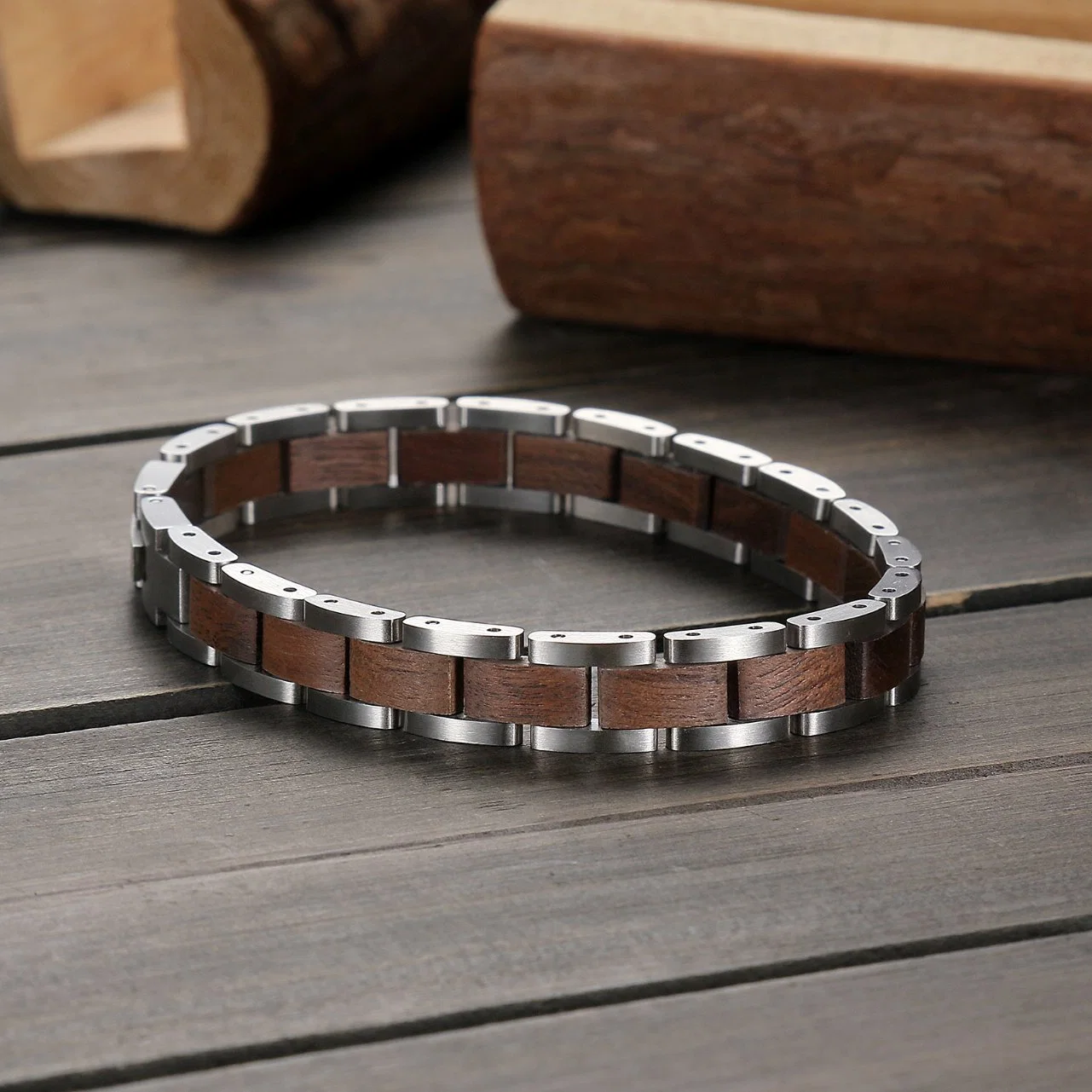 Los hombres Las mujeres de la banda de accesorios de moda de la cadena de acero inoxidable con madera Pulsera Regalo de Cumpleaños