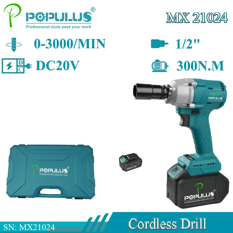 Populus Car Maintain 20V Rechargeable Lithium Wrench 1/2" 3000bpm Impact Rate Electric Brushless Impact Wrench Cordless Wrench for Vietnam Market