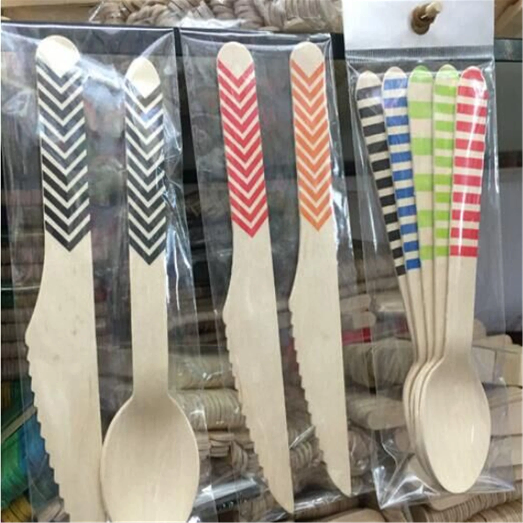 Custom Printed Disposable Natural Safe Wooden Spoon Fork Knife Cutlery Set