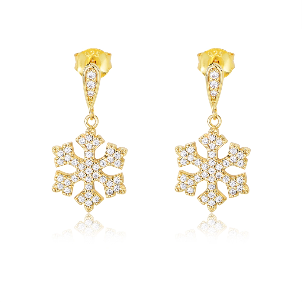 Fashion 14K Gold Plated Jewelry 925 Sterling Silver Zircon Hanging Drop Snowflake Earring