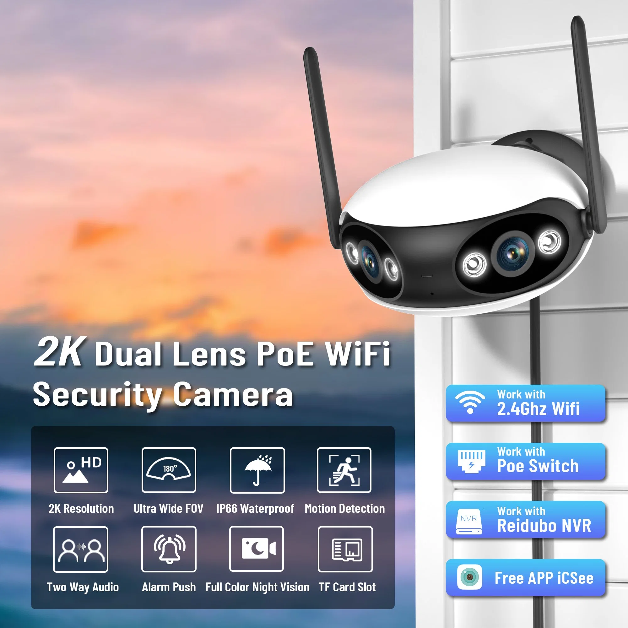 4MP+4MP Dual Lens 180&deg; Wide Viewing Panorama The Ultra Wide View IP Poe Fisheye Security Camer Ai Human Detection Video Surveillance