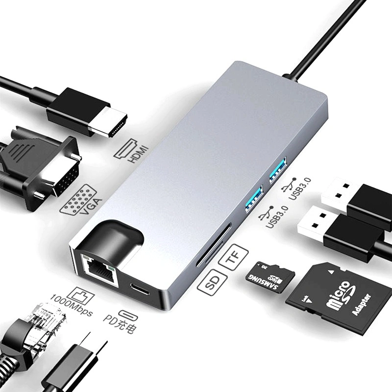 VGA Gigabit Ethernet Hdm 8en1 Adaptador Multi-Port 3.1 Type-C Hub