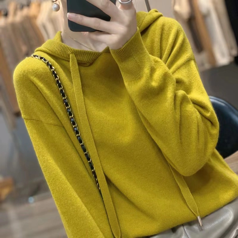 Pure Wool Plain Ladies Cashmere Hoodie Soft Women Sweater