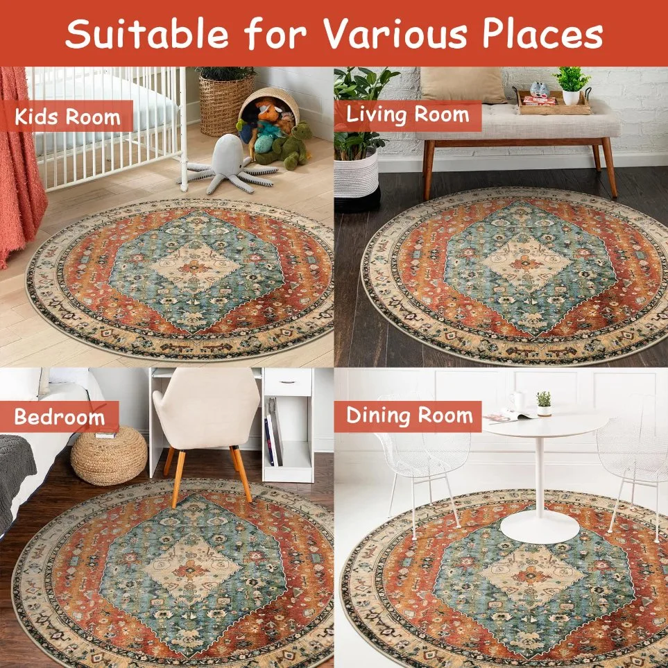 4FT Boho Tribal Round Rug Persian Soft Bedroom Round Area Rug Entryway Foyer Throw Mat Washable Non-Shedding Non-Slip Sofa Carpet