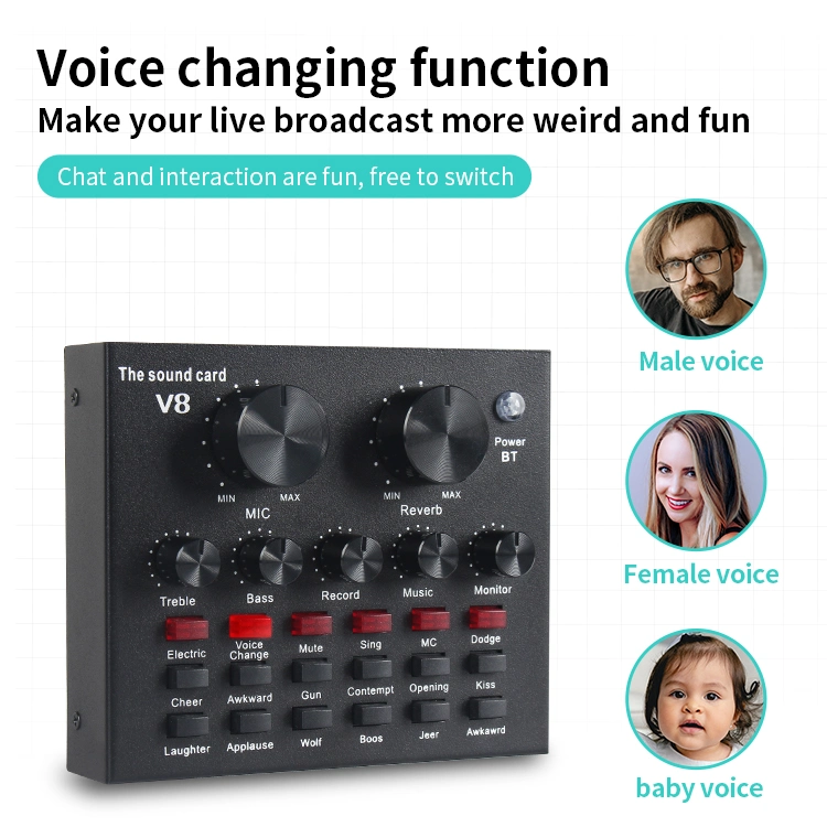 Soundcard Podcast Equipment Live Studio Sound Interface Recording Sound Cards PC-V8 Compatible with Android