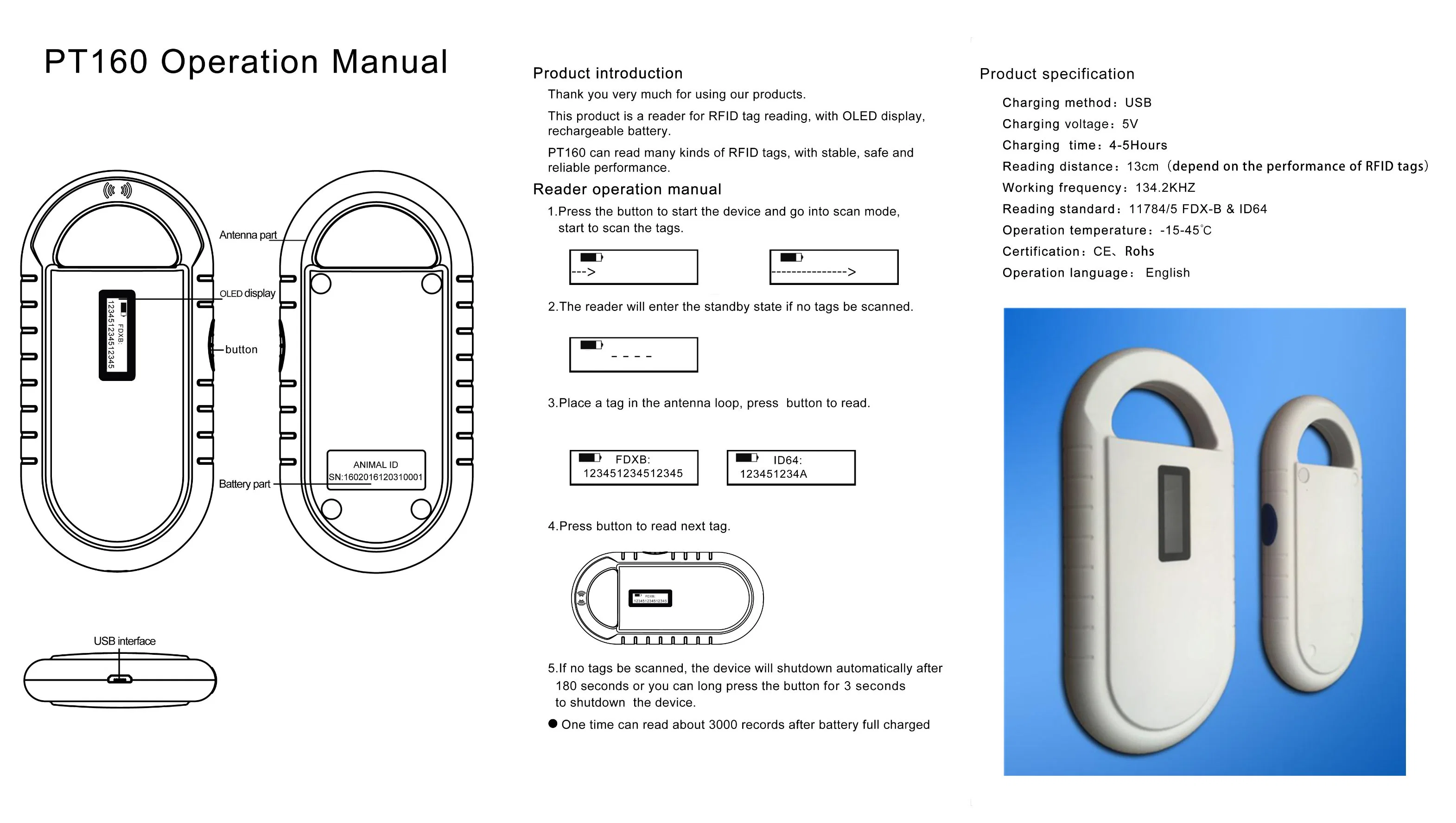 USB RFID قارئ الحيوانات الأليفة بتكلفة منخفضة للعلامات بمعدل 134 كيلو هرتز