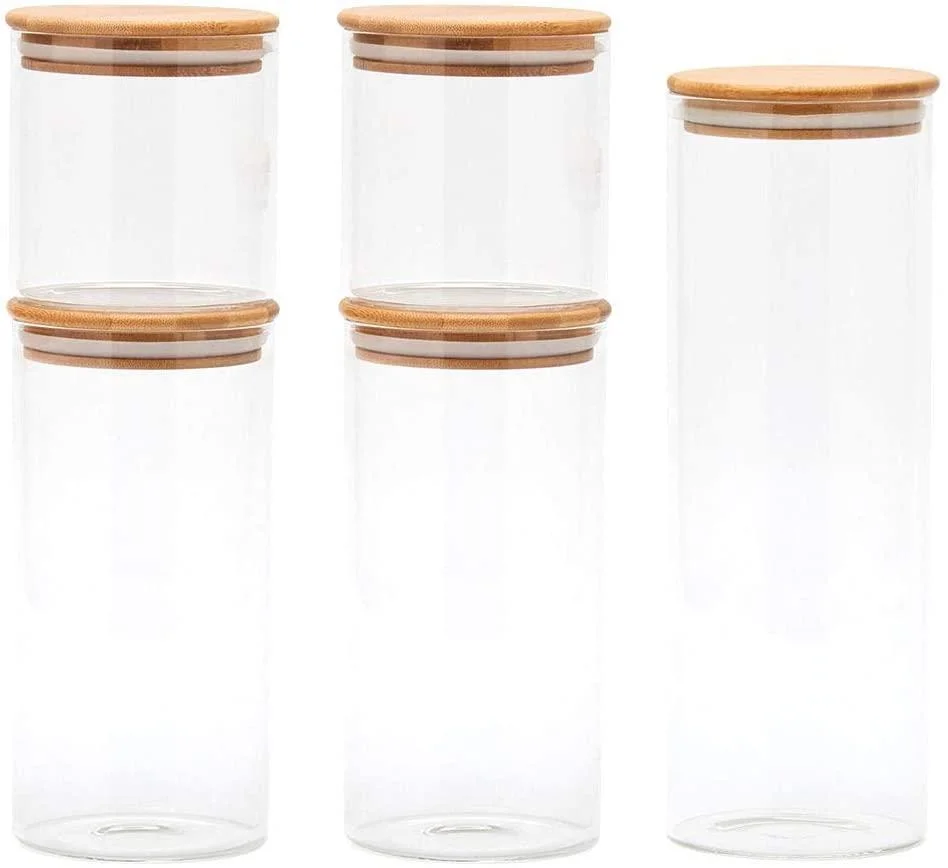 Glass Containers for Storage Airtight Food Jars with Bamboo Wooden Lids Canisters for Sugar, Candy, Cookie, Rice and Spice Jars