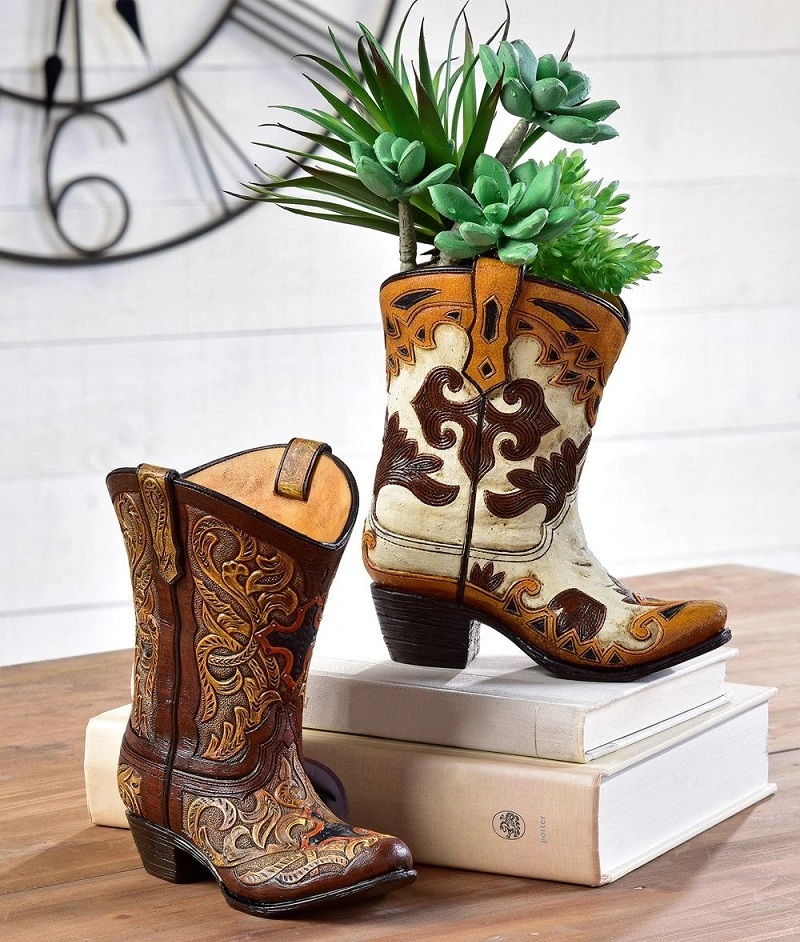 Botte de cowboy en céramique bleue et blanche peinte à la main à motif fleur Vase planter