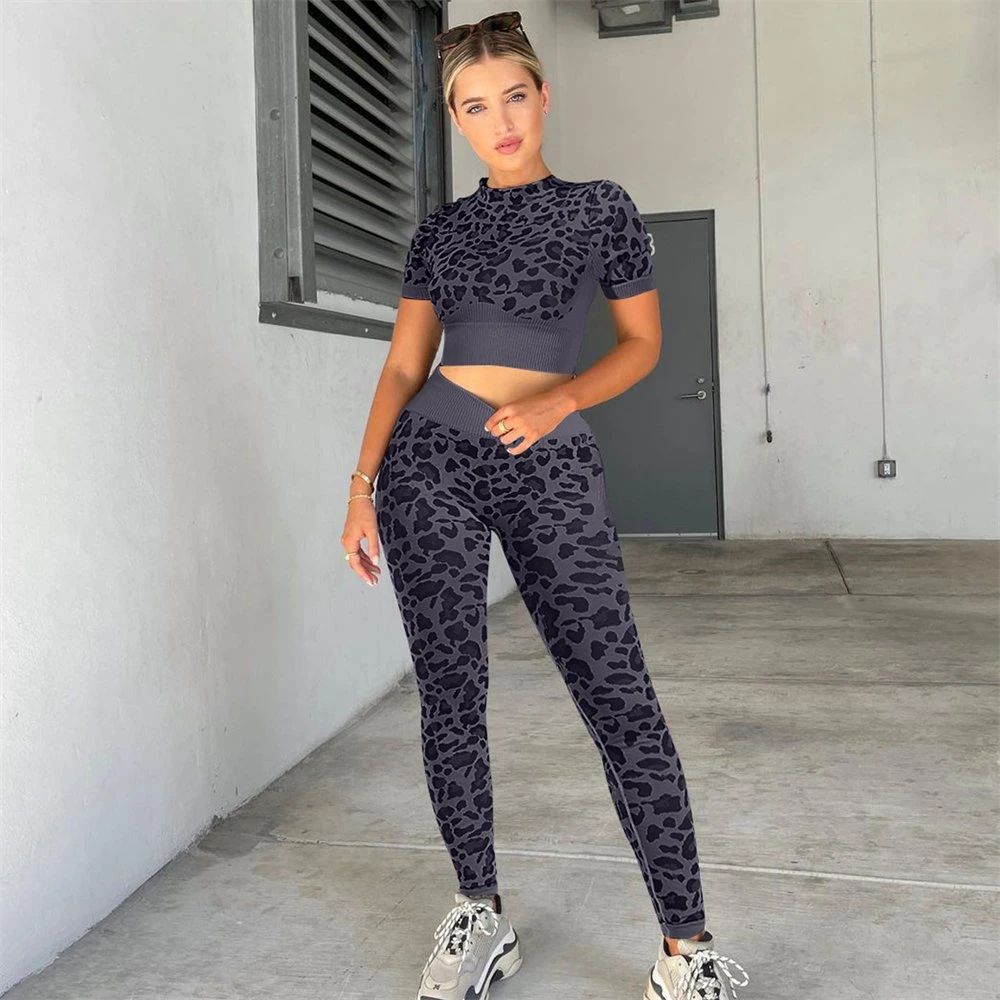 2022 Seamless Leopard Crop Tops Women Yoga Suit Gym Fitness Sportswear Tracksuit Workout Set for Outfit Active Wear