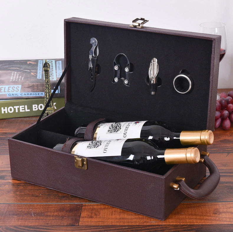 Benutzerdefinierte Großhandel/Lieferant Verpackung Bedruckter Griff Portable Geprägte Bronzing Laser Luxus PU Leder Holz Glas Wein Whisky Flasche Verpackung Liquor Geschenk Box-Druck