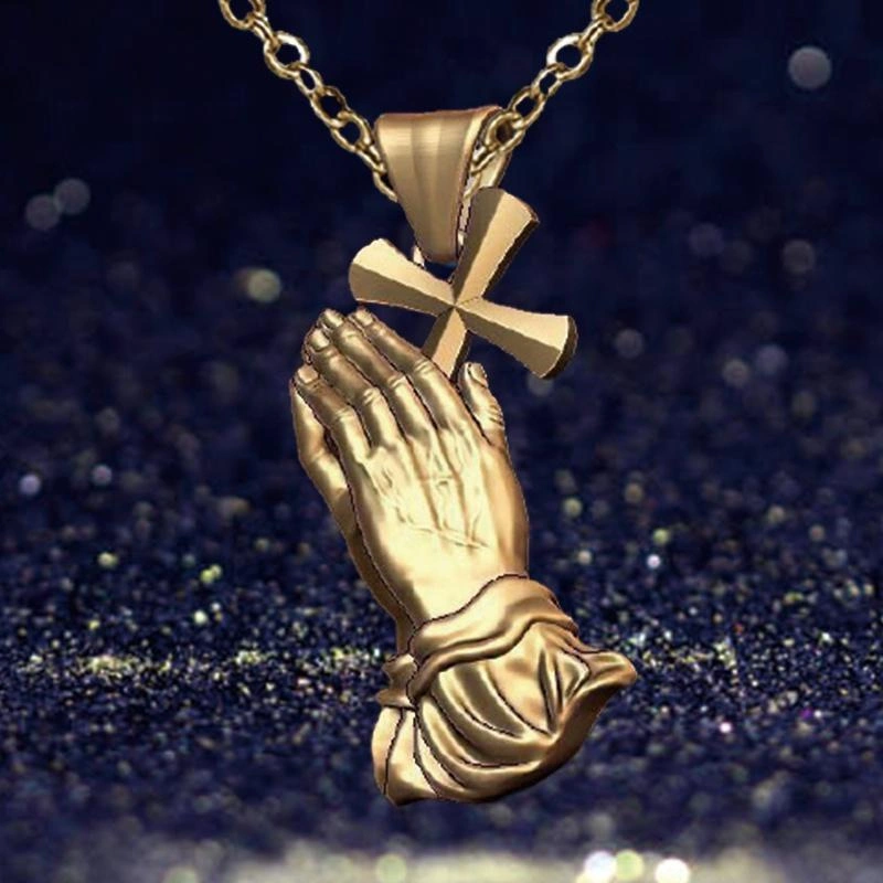 European and American Religious Prayer Gesture Cross Metal Necklace Men&prime; S Jewelry Women&prime; S Trendy Matching Items