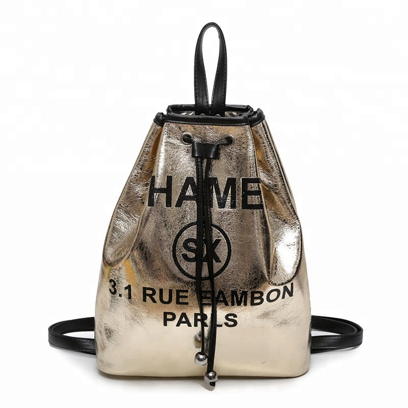 Lady Backpack Fashion Gold Drawstring Backpack Bucket Bag for Women