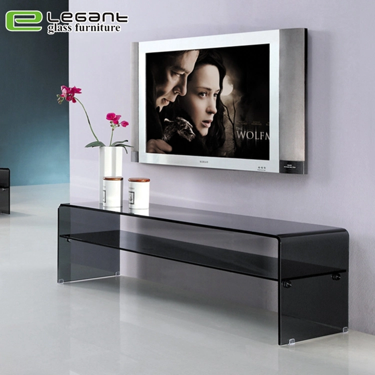 Bent Glass TV Stand with Wheels in Clear Color