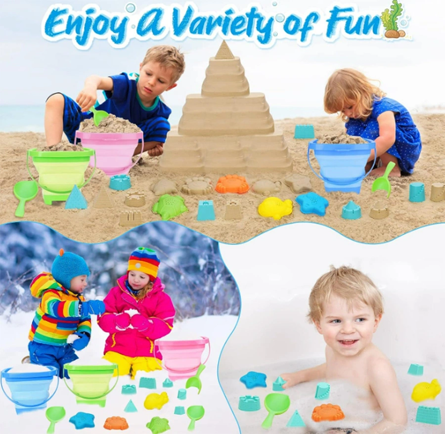 Collapsible Foldable Beach Buckets Beach Toys with Mesh Bag & Sand Molds