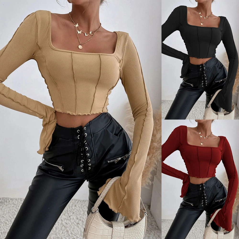 Long Sleeve Square Neck Sexy Low Price Trendy Tight Fitting Shirts