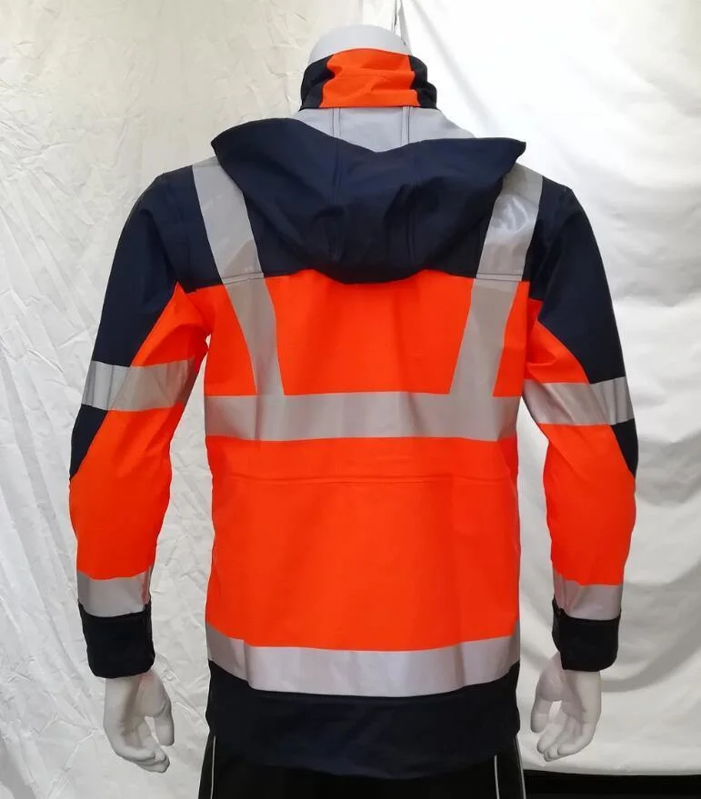 Attached Hood Rain Jacket Adjustable Velcro Cuffs Reflective Safety Clothing