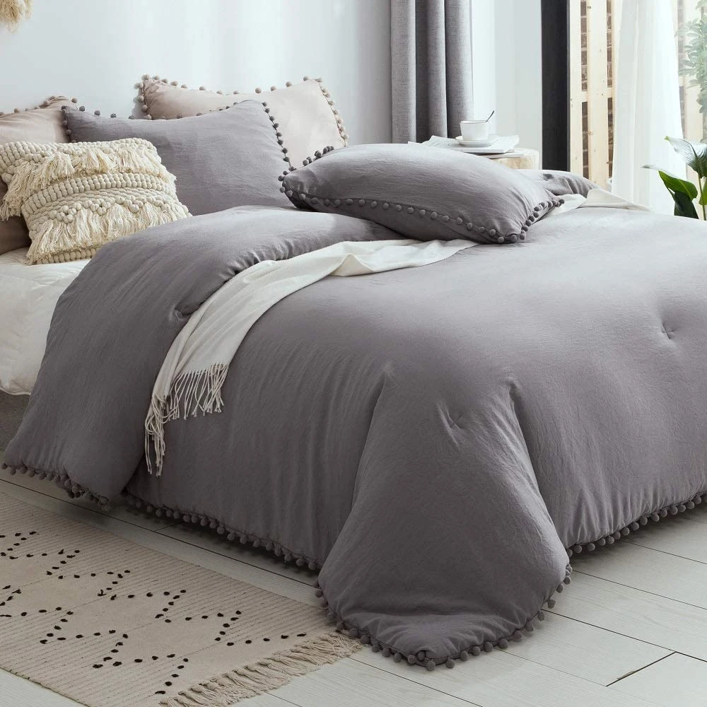 Gray Comforter Queen Set, Stone-Washed Lightweight Extra Soft Warm POM POM Fringe Bedding Comforter Set, Vintage Boho Bohemian Bedding