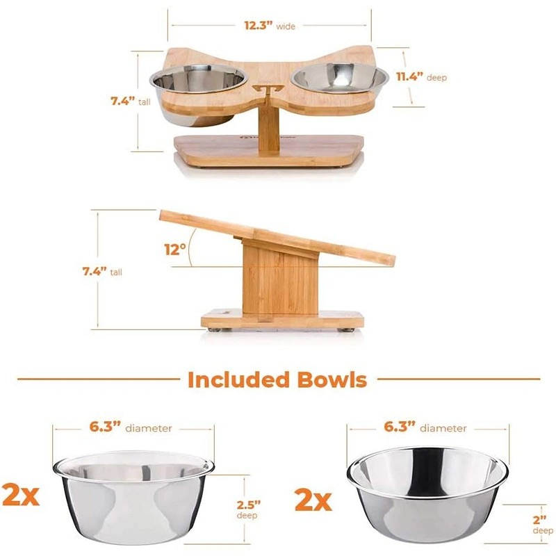 Aveco Stainless Steel Double Bowl Feeder Wooden Pet Bowl Rack Bamboo Protect Animal Cervical Vertebrae