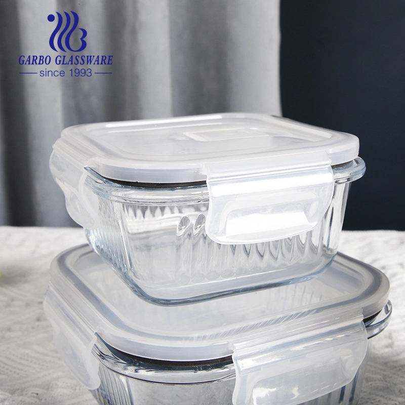 Round Square High Borosilicate Microwave Use 3PCS Glass Bowl Set Ribbed Glass Food Container Lunch Box