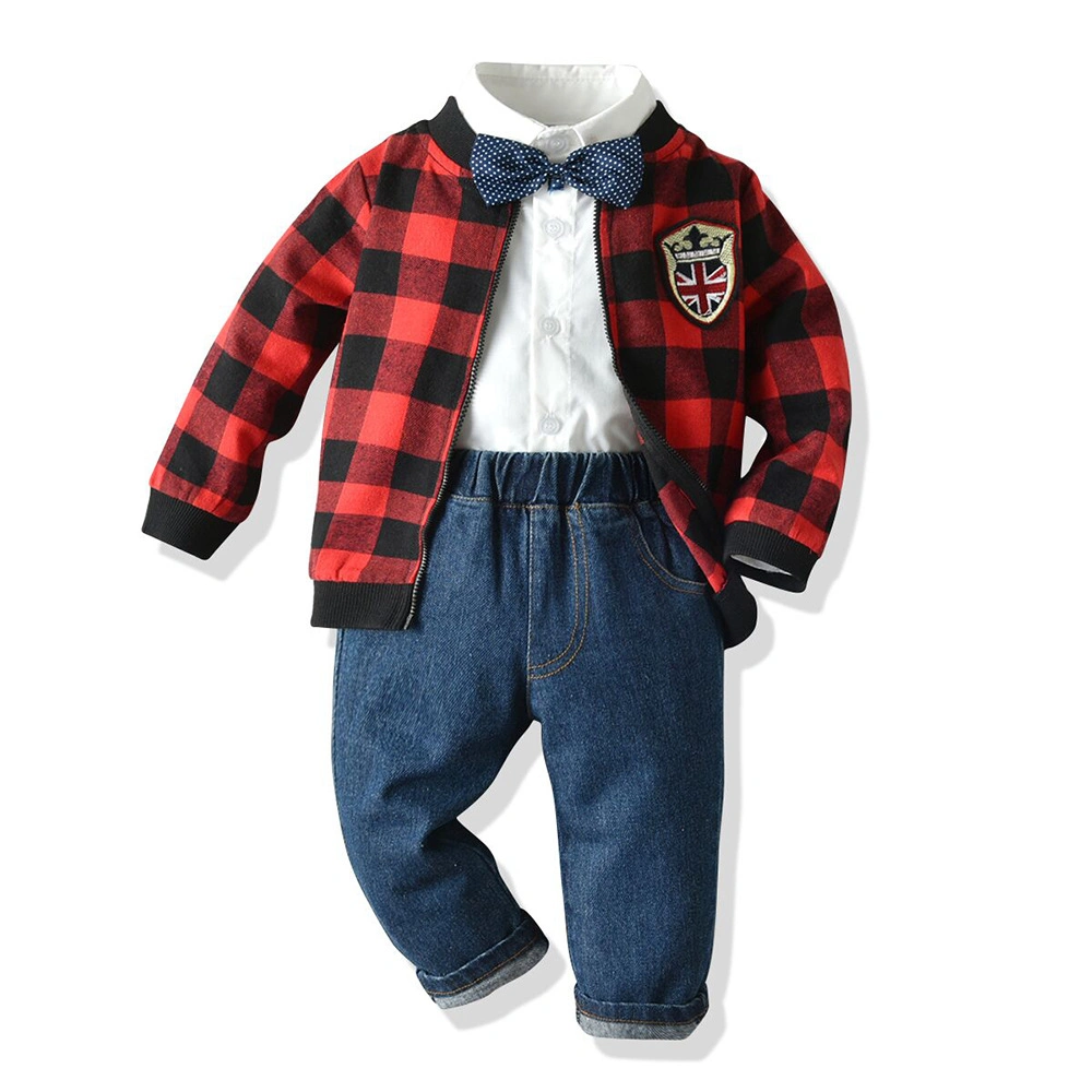 Мода для мальчиков одежда, хлопок длинной втулки бейсбола кофта+жилет+ Джинсовые брюки со стороны