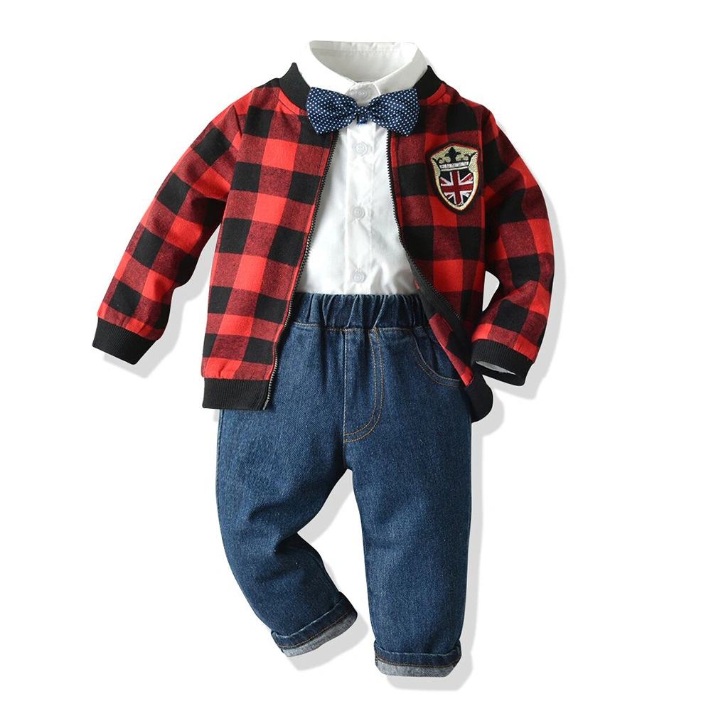 Fashion Boys Clothing Set Cotton Long Sleeve Baseball Shirt+Waistcoat+ Denim Pants Part