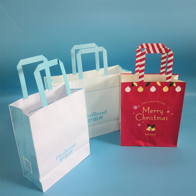 Recycled Blue White Food Grade Biodegradable Paper Package Shopping Bag for Cake Bread Biscuit