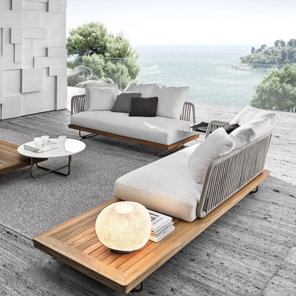 Canapé en rotin de style européen pour balcon avec corde, canapé en osier, canapé de jardin en aluminium, canapé d'amour de patio, meubles de jardin d'extérieur.