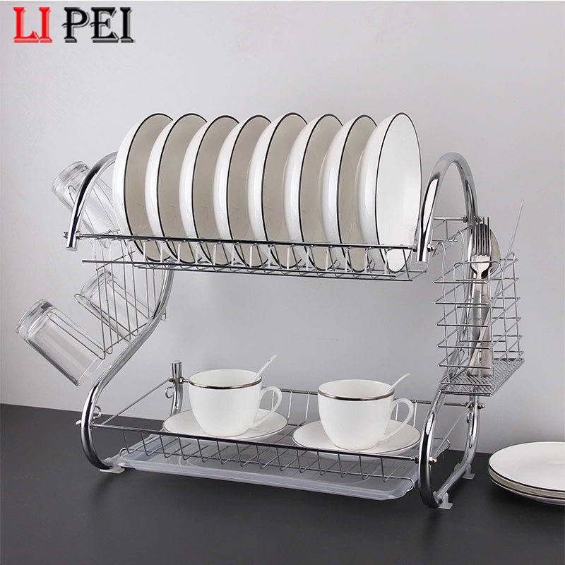 2 Tier Stainless Steel Kitchen Dish Racks Metal Dish Drying Racks Table Storage Dish Rack