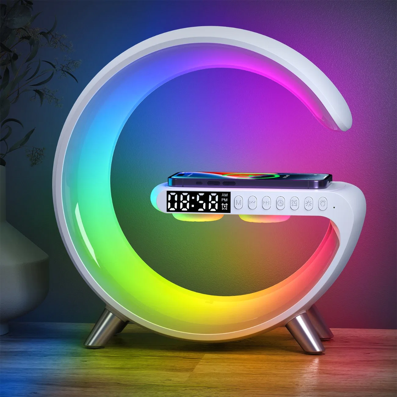 Smart Sound Machine Wake up Light de relojes de alarma regulable Lámpara de sobremesa con altavoz de 15W cargador inalámbrico