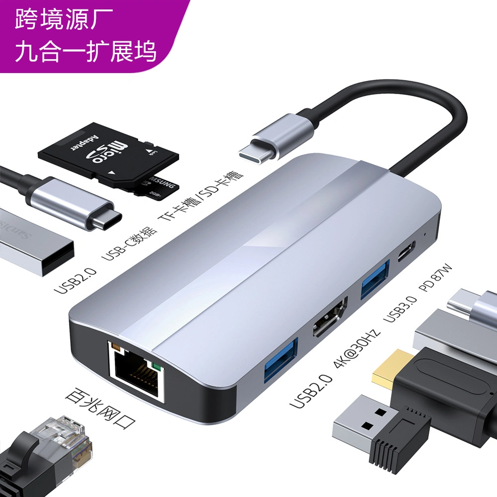 Concentrateur USB C 9 en 1 avec données HDMI/PD/RJ45/SD/TF/USB3.0/USB2.0/USB-C.