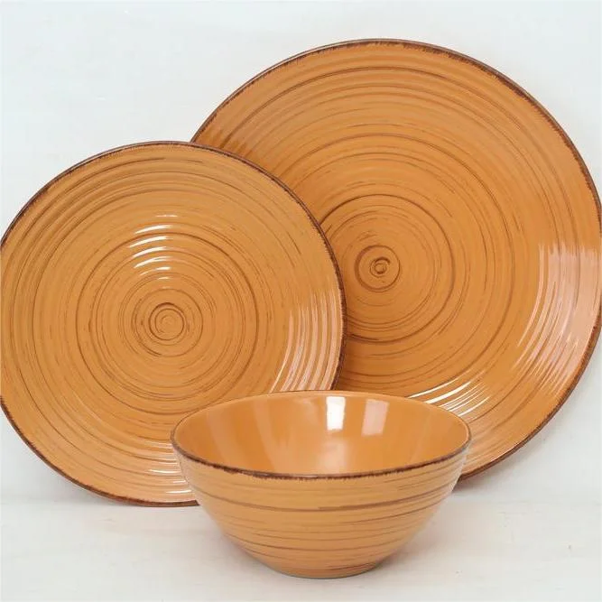 Hot 18PCS Orange Ceramic Embossed Dinnerware Set Service for 6 Stoneware Dinnerware Set with Dinner Plates, Salad Plates, Bowl