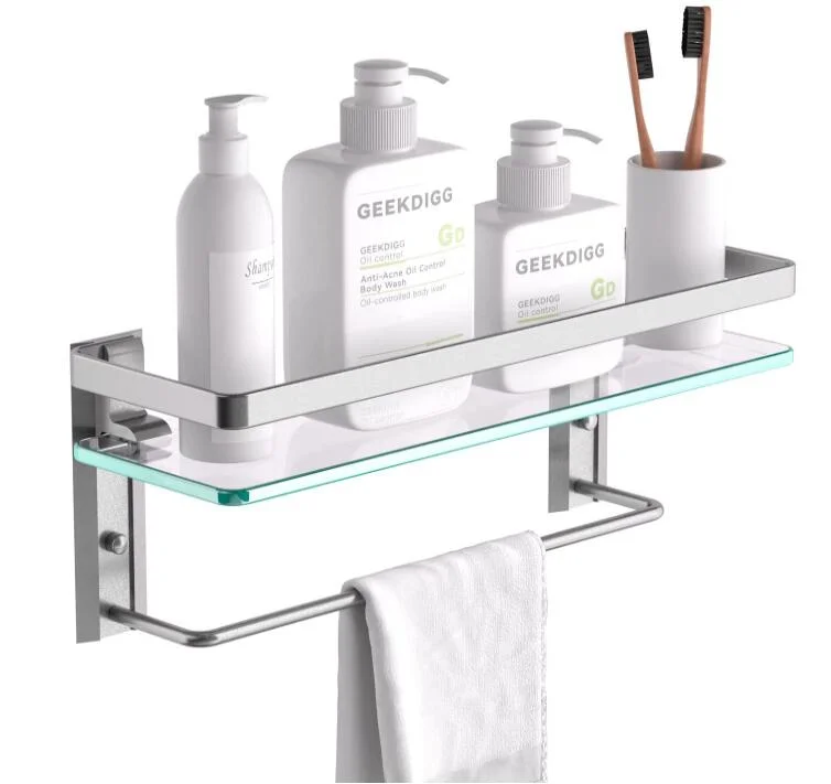 Glass Bathroom Shelf with Towel Bar, Wall Mounted Glass Shower Rack 15.2 by 4.5 Inches