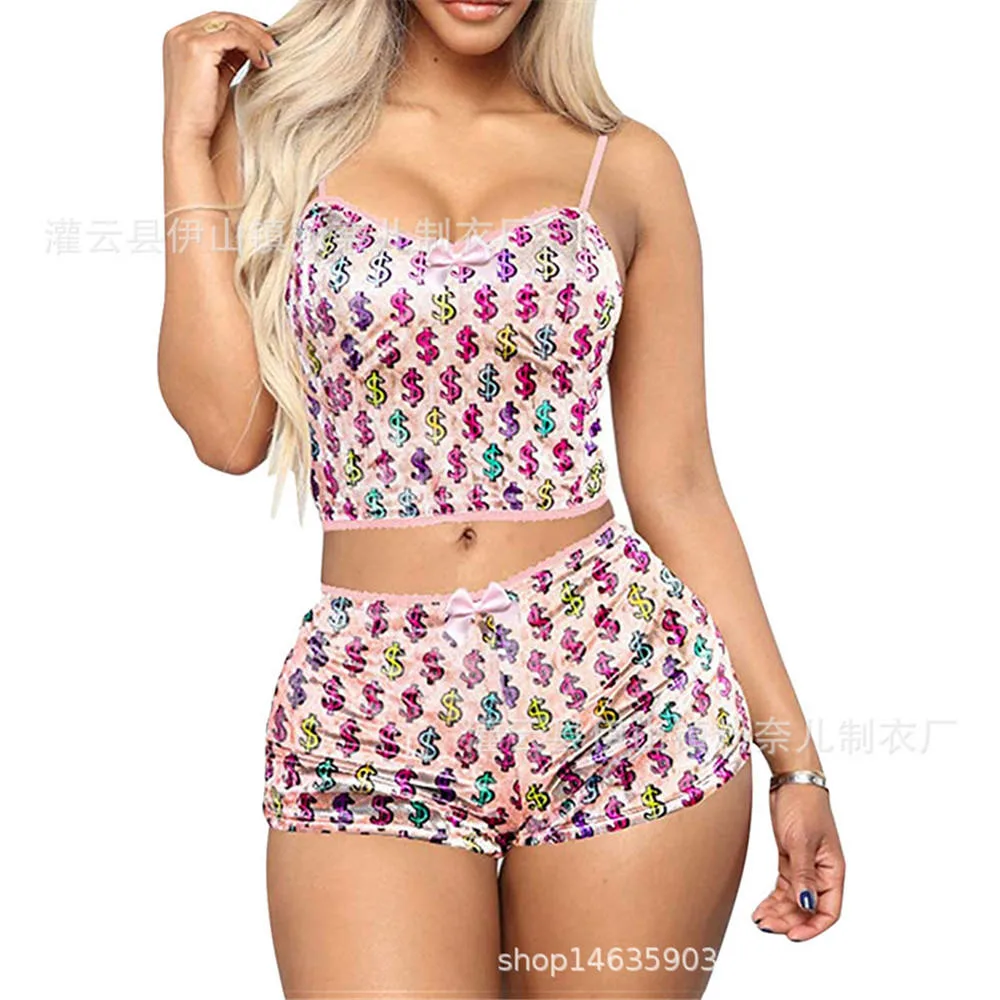 2023 Conjunto de Pijama de Veludo de Duas Peças de Luxo com Estampas Sensuais de Veludo para Dormir, Tops e Shorts de Roupas de Dormir de Veludo para Mulheres.