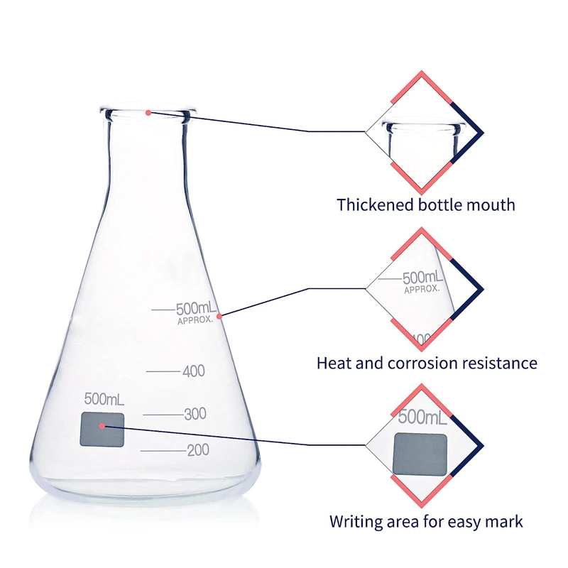 Laboratorio experimento botella de vidrio Fondo plano boca estrecha vidrio 250ml 500ml 1000ml matraz Erlenmeyer matraz cónico de vidrio de borosilicato