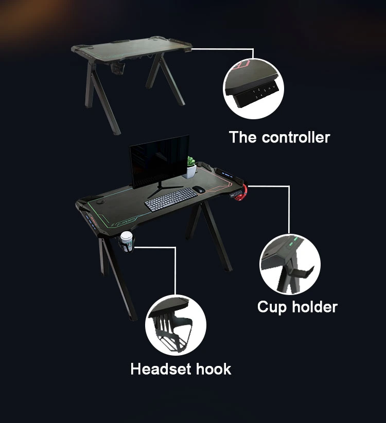 Ergonomischer Spieltisch RGB LED Light E-Sports Computer Tisch Y-förmig Metal Frame Stable Desktop Game Console Workstation