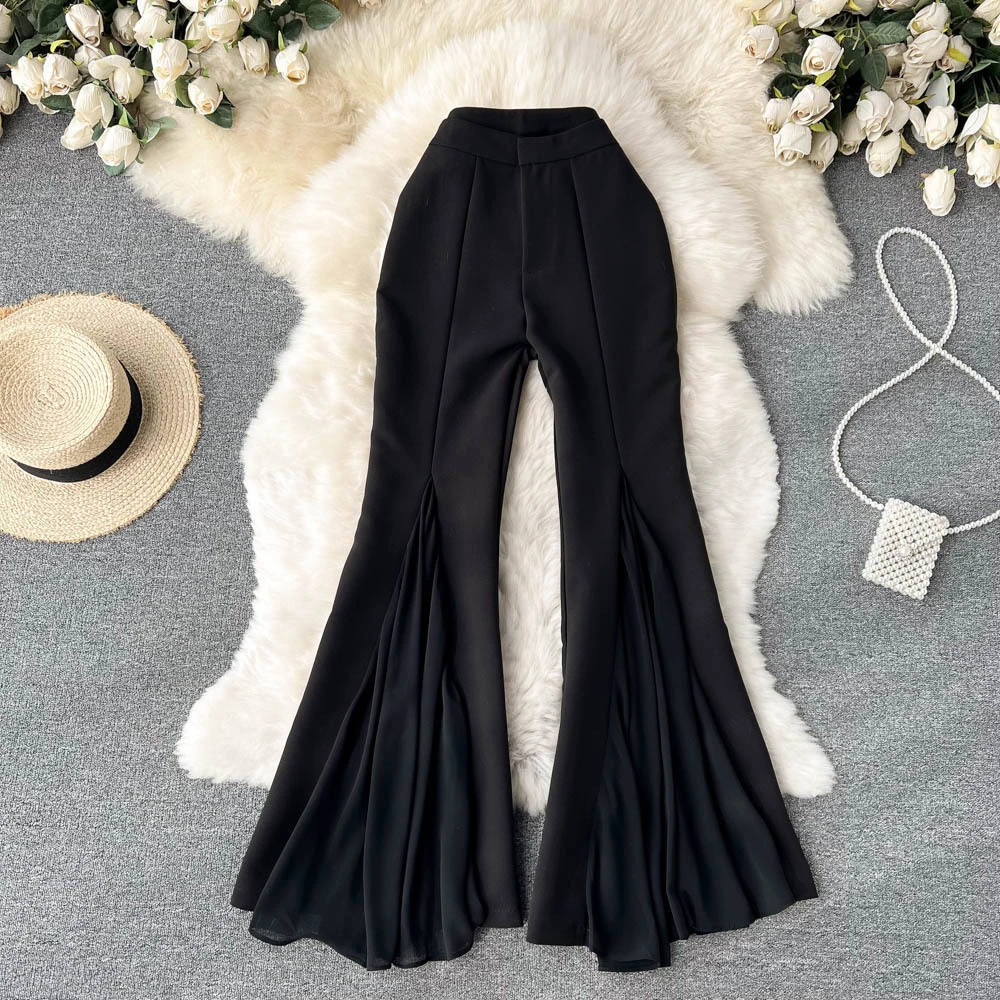 Irregular Stitching Flared Pants Female Design Sense Niche High Waist Slim Slim Straight Tube Casual Wide Leg Pants