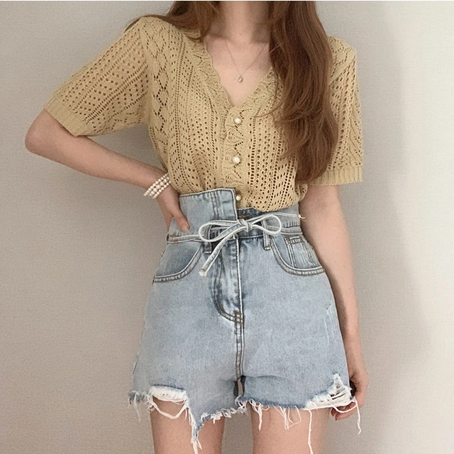 Custom Summer Women Hollow Casual Knitted Cardigan Top Shirt