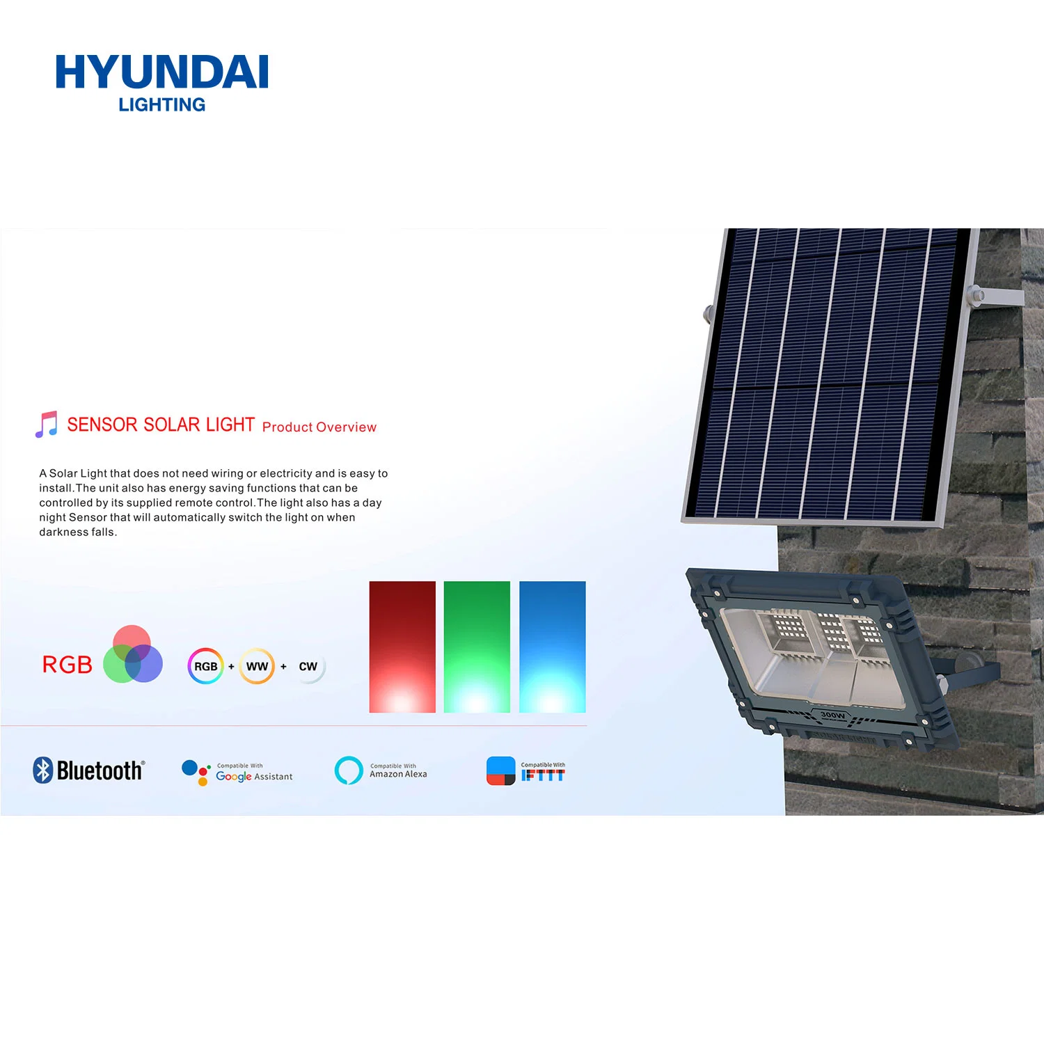 Hyundai Atacado 60-800W IP65 impermeável Energia poupança RGB para exterior Solar Projetor de jardim LED com controlo de música por Bluetooth