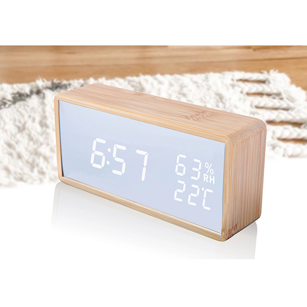 Desktop Bamboo Mirror with LED Humidity and Temperature LED Alarm Clock