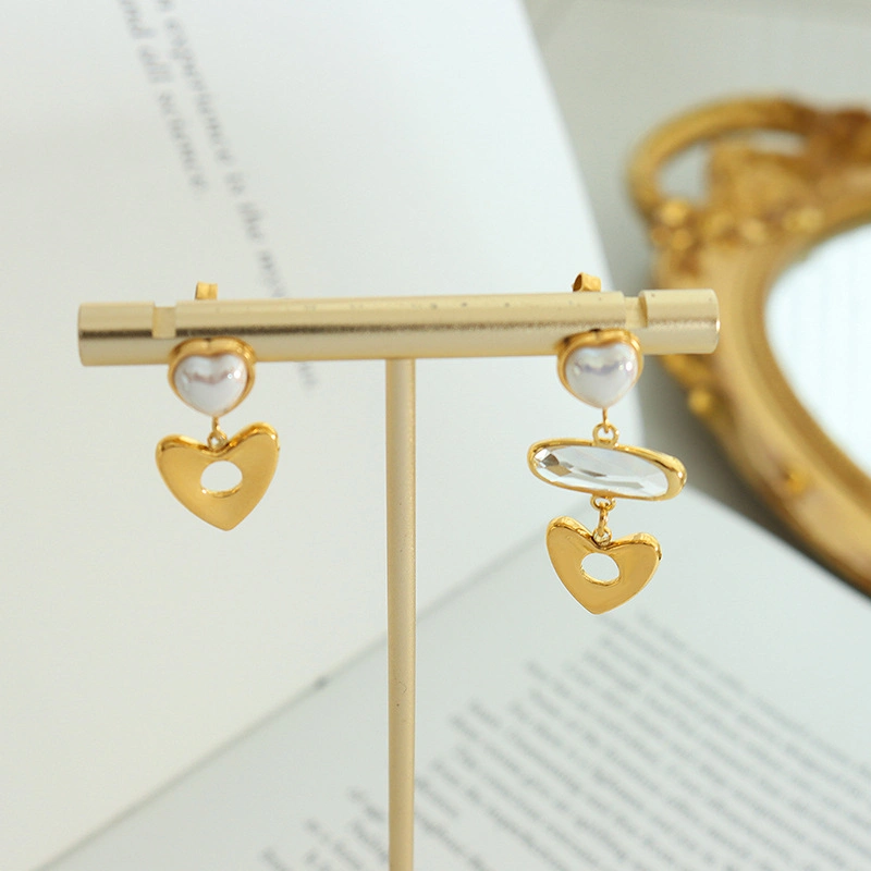 Stainless Steel Gold Plated Asymmetric Heart Hollow Imitation Pearl Asymmetric Inlaid Glass Stone Stud Earrings Jewelry