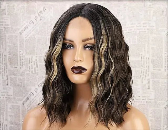 Highlight Body Wave Wigs Omber Black Brown Blonde Synthetic Wig Hairline Heat Resistant Short Wavy Wigs for Black Women Cosplay Hair Wig