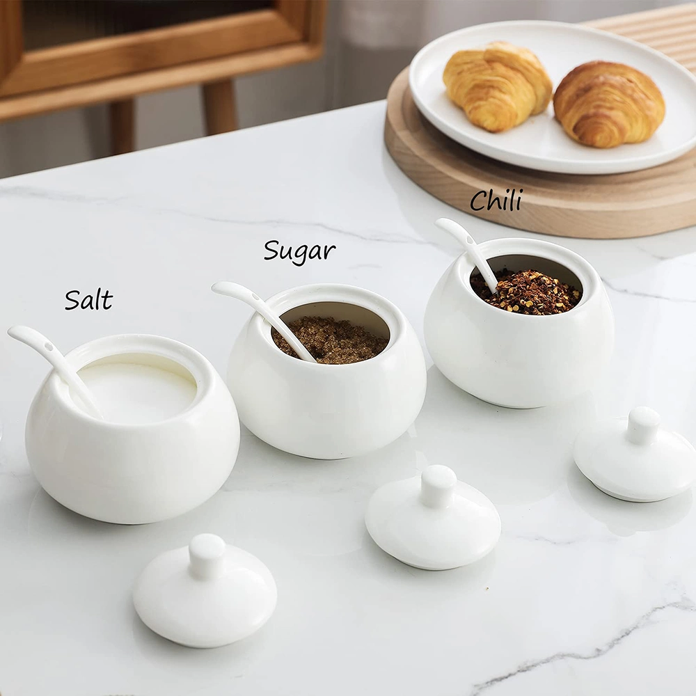 12 Oz Middle Porcelain Condiment Pots Sugar Jar Bowls with Cover and Spoon, Ceramic Seasoning Boxes for Home and Kitchen, White, Set of 3