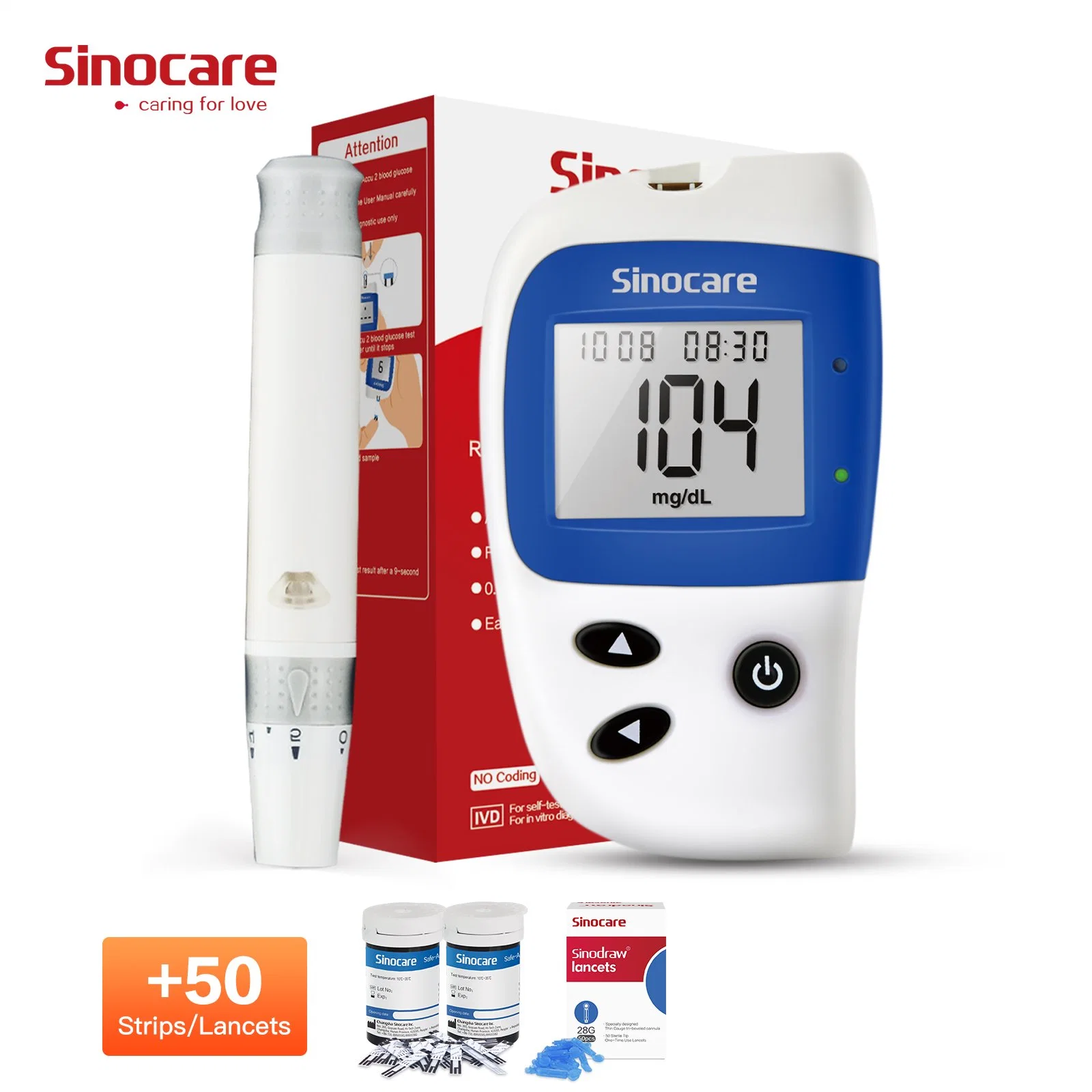 Sinocare Blood Glucose Meter Medical Device for Measuring Blood Sugar Glucometer with 50 PCS Diabetic Test Strips for Glucometro